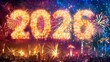 © Exclusive  - New Year 2026 celebration. A cityscape featuring buildings and a sky illuminated by colorful fireworks, with the number 2026 prominently displayed