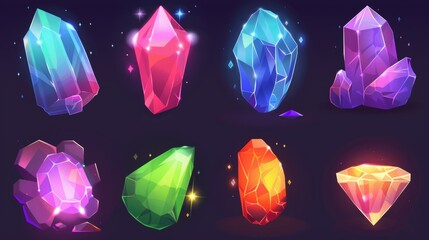 Wall Mural - Diamonds, amethysts, emeralds, and gold stones isolated on a background. Game icons of minerals and gemstones.