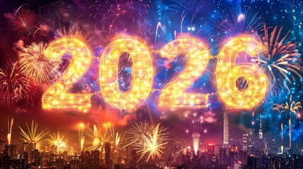 Poster - A city skyline illuminated by colorful fireworks, with the number 2026 displayed prominently