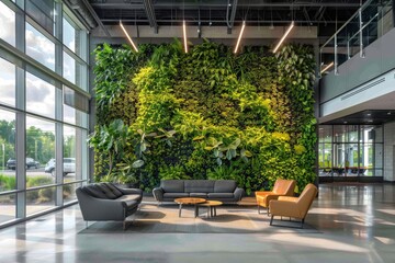 Poster - A view of a green wall in an office space adorned with modern couches and chairs, creating a professional and inviting atmosphere for meetings or relaxation