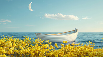 Wall Mural - Serenity at sea: Boat adorned with flowers under a crescent moon