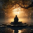 surreal illustration - a man sitting in a meditative pose beneath an ancient tree