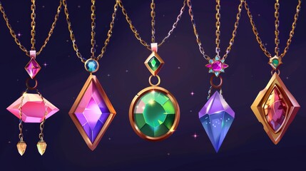 Wall Mural - Amulets made of crystals, diamonds, and precious stones in a metal frame hanging from a rope. Game icons set of witchcraft or wizard jewelry with pendants made out of gems, modern cartoon