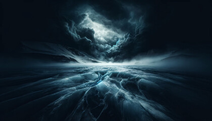 Wall Mural - A dramatic scene featuring a dark, brooding sky over an icy landscape. Below, a dense, swirling mist hovers over the cracked, icy ground