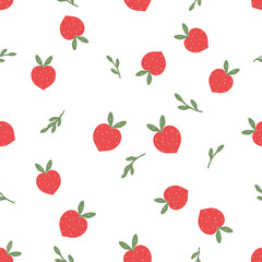 Poster - Seamless pattern of heart shape strawberry with green leaf on white background vector.