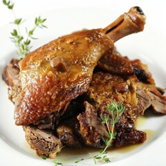 Poster - A close up view of a plate of French Duck Confit, showcasing the succulent meat and flavorful presentation