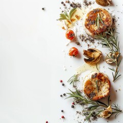 Wall Mural - A white plate topped with a colorful array of French cuisine, including Flamiche, presented in a style reminiscent of food photography