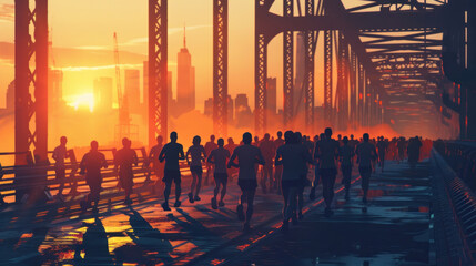 a depiction of silhouetted runners crossing a bridge during a dawn marathon, their figures outlined against the backdrop of the awakening city, symbolizing the resilience