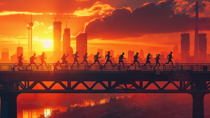 Canvas Print - a depiction of silhouetted runners crossing a bridge during a dawn marathon, their figures outlined against the backdrop of the awakening city, symbolizing the resilience