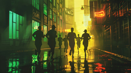Sticker - a depiction of silhouetted runners navigating through city streets and alleyways during a dawn urban marathon, with streetlights casting long shadows and neon signs glowing in the darkness