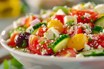 Wall Mural - Vibrant Greek salad in a white bowl, featuring fresh vegetables, feta cheese, olives, and dressing