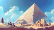 Egypt landscape with old pyramid, excavation site and tourists. African desert with ancient pharaoh tomb, archaeologist and guide, modern cartoon illustration.