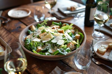 Wall Mural - A medium shot of a rustic wooden table with a large bowl of Caesar salad