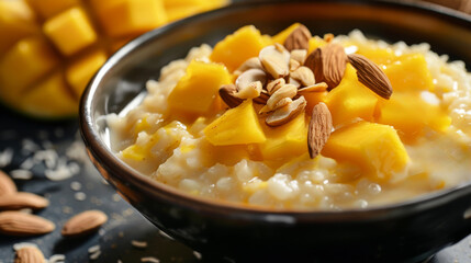Wall Mural - Close-up of a black bowl with rice pudding and mango topping sprinkled with almonds