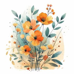 Wall Mural - ilustrasi vektor tumbuhan flowers in various shades of orange and yellow, arranged on a isolated background with green leaves in the foreground