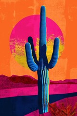 A lone cactus silhouetted against a pop art desert sunset, bold colors, graphic shapes