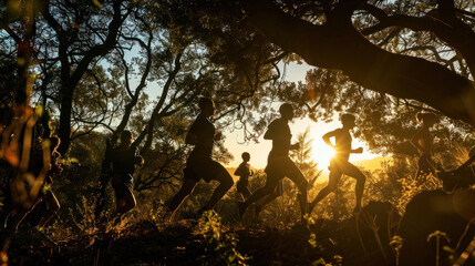Wall Mural - a silhouette scene of runners silhouetted against a backdrop of trees and foliage during a dawn trail marathon, with dappled sunlight filtering through the branches, symbolizing the connection 
