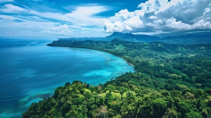 Wall Mural - A panoramic view of a long, pristine beach stretching towards the horizon, flanked by lush green hills and crystal-clear turquoise water