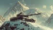 A vintage-style poster featuring an Military tank M1 Abrams conquering a snowy mountain peak