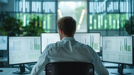 Poster - Data analyst working with computer screen in white and green bright office at daylight. Generative AI.