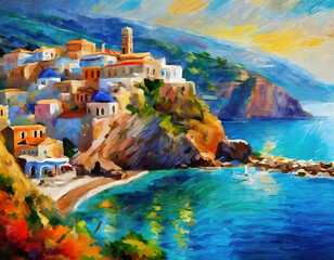 Wall Mural - Impressionist oil painting of a cliffside town with Mediterranean stone buildings with seascape	