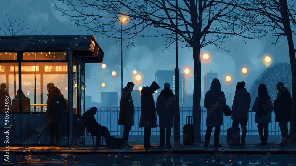 people gathered at a bus stop beneath the colorful lights of a city ...