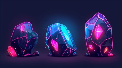 Wall Mural - Heavy cracked geology material with mysterious neon glowing substance. Isolated cartoon broken stone icon for decoration in games.