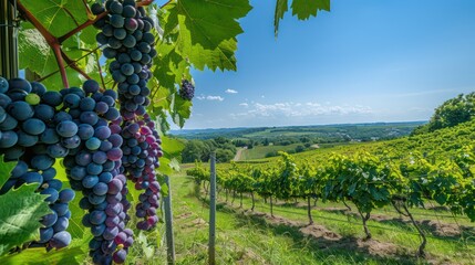 Canvas Print - vineyard with clusters of ripe grapes, under a clear blue sky