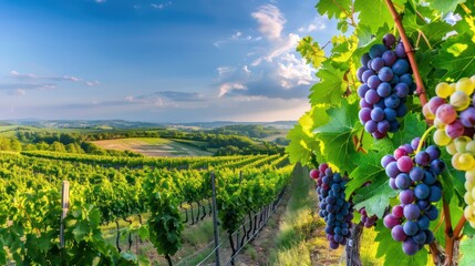 Poster - vineyard with clusters of ripe grapes, under a clear blue sky