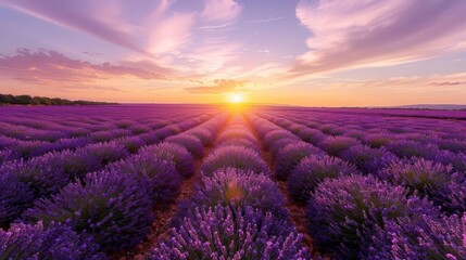 Wall Mural - sunset over lavender field with a green tree and purple flower in the foreground, under a blue sky with a white cloud