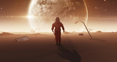 Wall Mural - human walking amidst ruins in a protective suit. post-apocalyptic scene. great destruction related 3