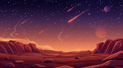 Wall Mural - Space planet game modern background illustration. Night fantasy mars ground surface with falling meteor or comet. Galaxy extraterrestrial light landscape with red desert UI.