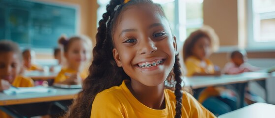 Wall Mural - Picture of a brilliant, black girl with braces writing in her exercise notebook. A junior classroom with a diverse group of children learning new skills. Portrait of black girl with braces smiling