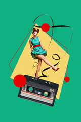 Sticker - Sketch image trend photo collage of young woman carefree pinup dance on huge cassette type recorder music play disco retro vintage party