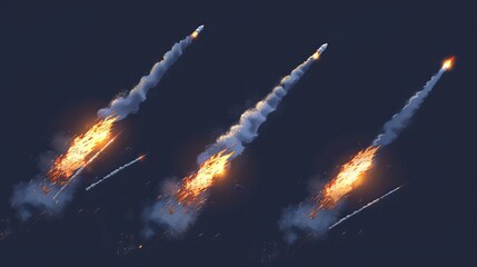 Wall Mural - A rocket launch smoke trail with a flame modern. An isolated realistic jet takeoff explosion speed effect. A white spacecraft spray set with steam tracks in the air. An airplane takeoff with an