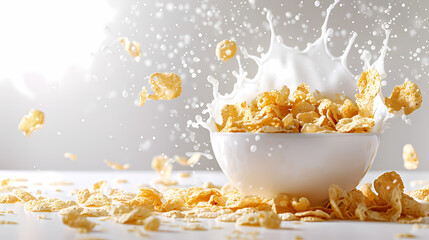Wall Mural - Corn flakes with milk splash in white bowl isolated on white background --ar 16:9