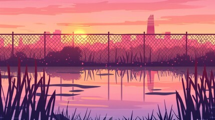 Wall Mural - A reed pond near a metal fence at sunset in an evening environment. Outdoor panoramic landscape with the light of the sun beaming down on the city.
