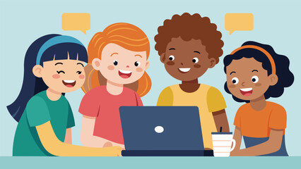A group of kids huddled around a laptop laughing and collaborating as they work on their latest coding project together at a youth coding symposium.. Vector illustration