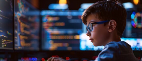 Canvas Print - The Modern Education: Portrait of a Smart Boy Using Computers, Learning Informatics, Internet Safety, Programming Language for Software Coding.