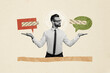 © deagreez - Creative collage young handsome man businessperson entrepreneur formalwear showing two hands sides textboxes choice decide select option