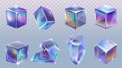 Wall Mural - An illustration of square ice pieces with iridescent surfaces, isolated on transparent background. Modern realistic illustration of crystal blocks.