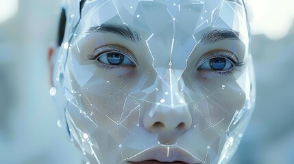 Poster - The face. The low-poly, sculpted white face of a beautiful robot stares directly at the camera. A minimal shape accented with bionic pieces and shiny light stripes. Generative AI.
