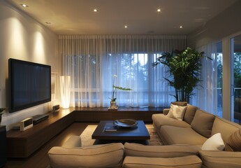 A sleek and modern living room with an oversized beige corner sofa, a large flatscreen TV on the wall above a dark wood entertainment console, two floor lamps casting soft shadows