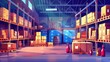 An interior of a warehouse with wooden containers, cardboard parcel boxes, and liquid bottles stacked on metal pallets and shelves. Cartoon modern illustration of an inventory room with cargo and