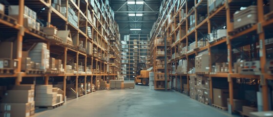 Wall Mural - An elevated shot of a retail warehouse filled with goods in cardboard boxes, workers scanning and sorting packages and moving inventory with pallet trucks and forklifts. Part of a product