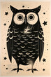 Hand drawn vector illustration of an owl with moon and stars on background