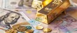 Gold bars over banknotes background