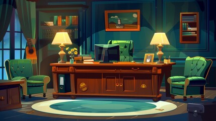 Wall Mural - Detailed illustration of an interior study with business work space, computer and lamp on a wooden desk, leather armchairs, picture on wall, flower pot, and leather armchairs.