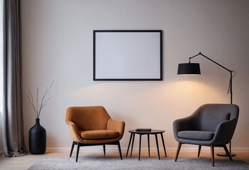 Sticker - Empty blank wall frame, simple and modern cozy chair home interior background