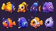 An illustration of a colorful mascot design with fish emojis isolated on a backdrop. Funny clownfish, striped yellow and purple sea creature, smiling, crying, angry, happy, sad.